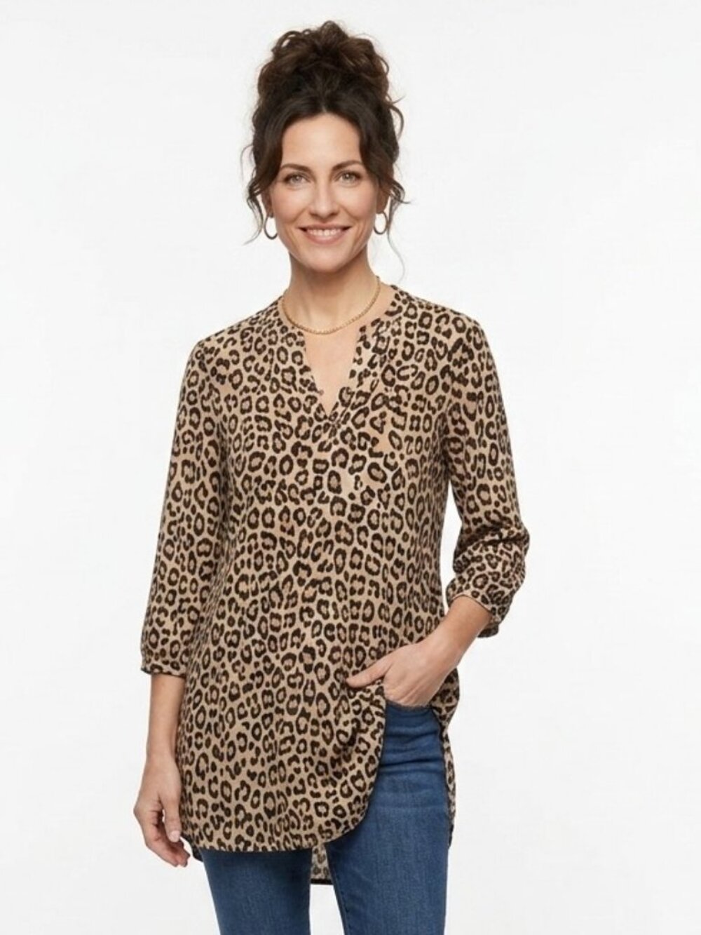 Chicos Leopard Print Tunic Top Sz 00 XS 2  Brown Black Animal Print 3/4 Sleeve